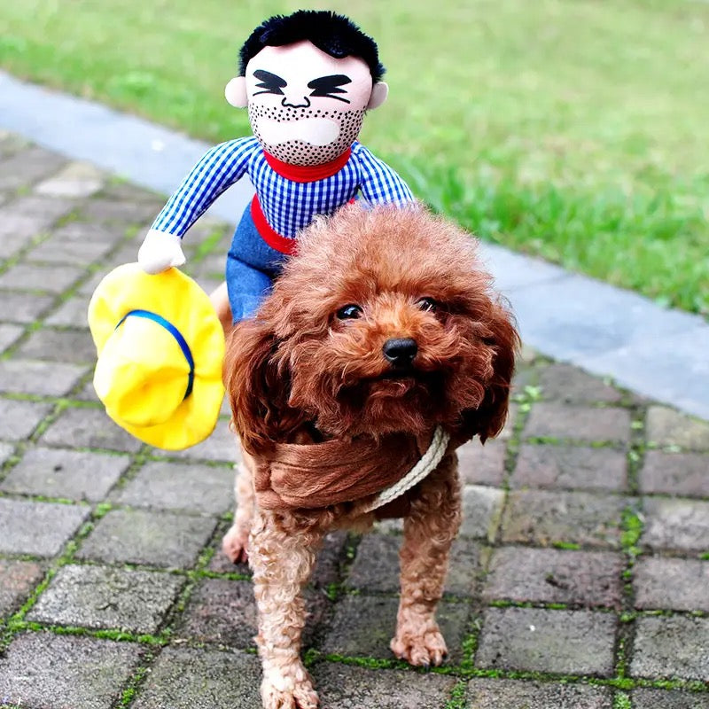 Cowboy Rider Pet Costume: Dog Costume with Doll & Hat - Halloween Day Pet Attire!